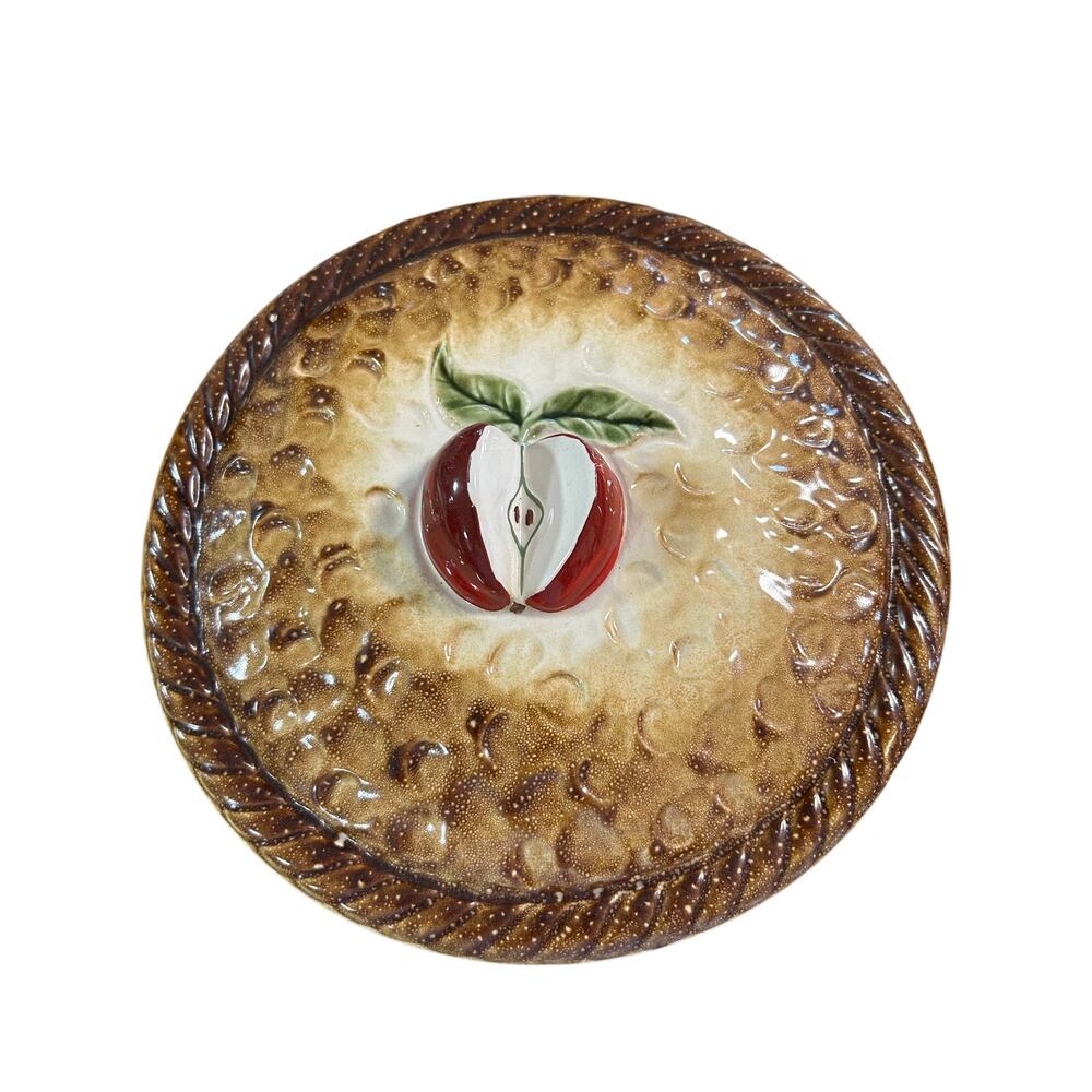 Vintage Style Ceramic Apple Pie Keeper Covered Pie Dish Raised Apple Farmhouse